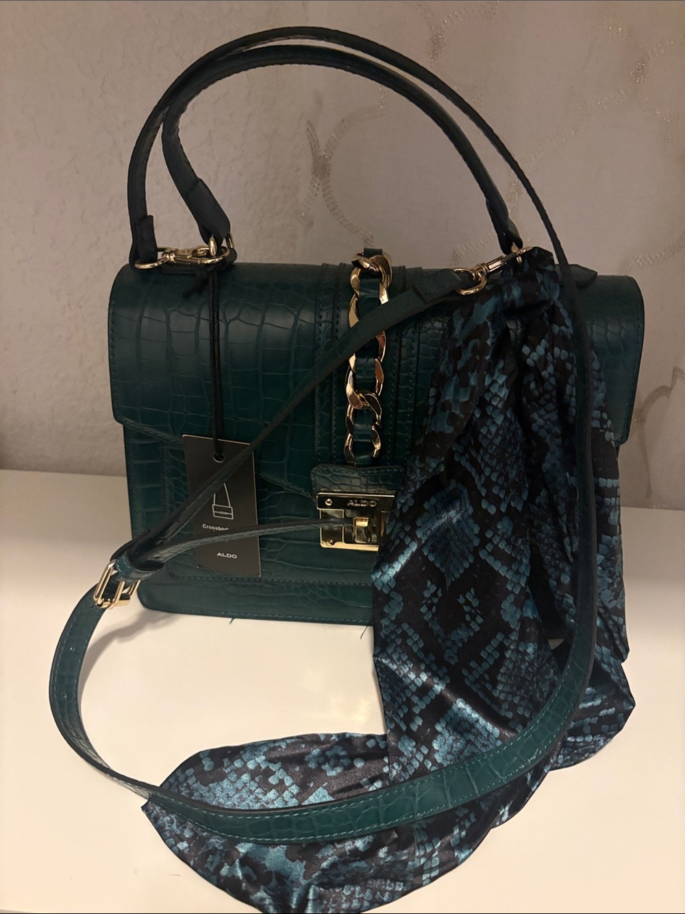 ALDO Teal Croc-Embossed Satchel with Gold Hardware & Patterned Scarf